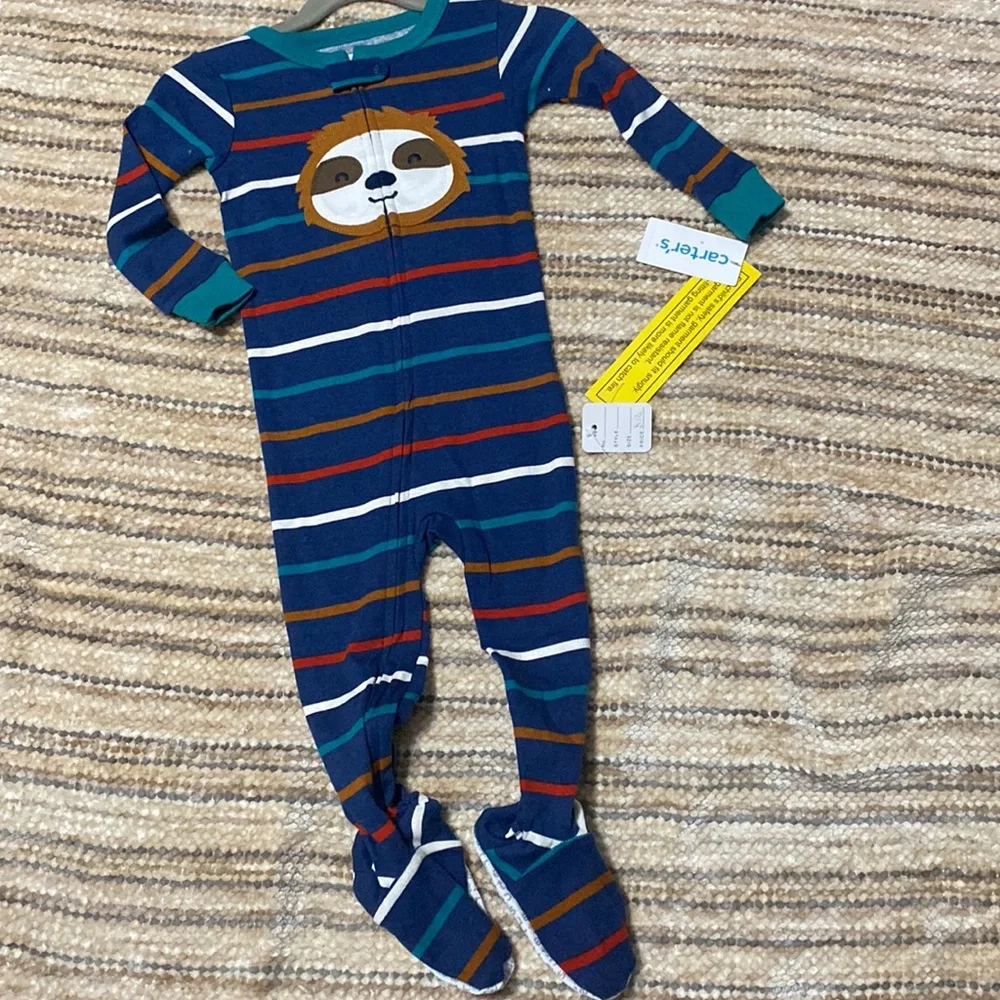 Carters Baby Boy Blue Striped Sloth Fleece Footed Pajamas Sleeper Zip Up 18M